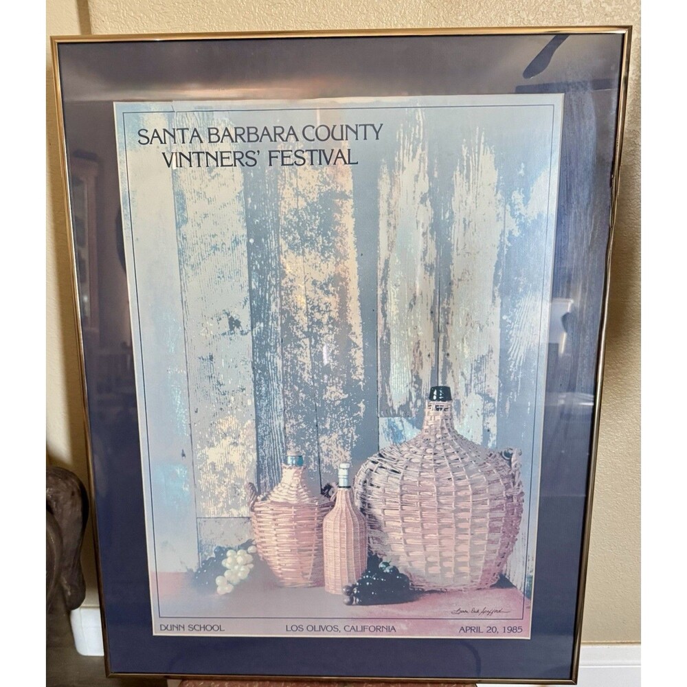 Vintage 1985 Santa Barbara County Vintners Festival Print Metal Frame 28”x 22”